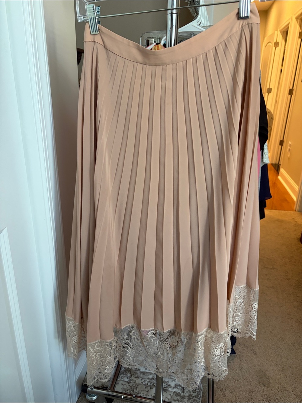 A.L.C. Pleated Midi Skirt with Lace Hem in Blush Beige
